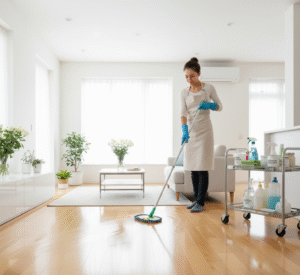 Professional deep cleaning services in a modern home, showing sparkling floors and surfaces for a healthier and cleaner living environment