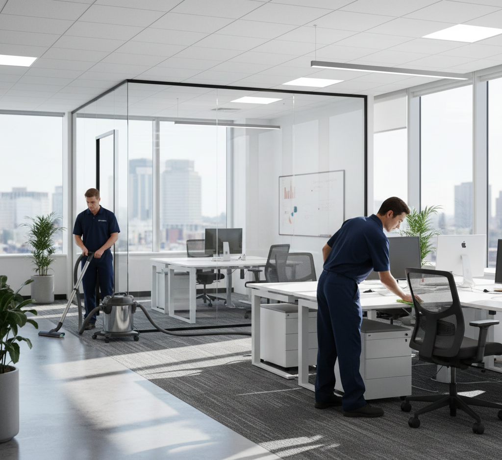 Professional cleaners sanitizing and organizing a modern office workspace.