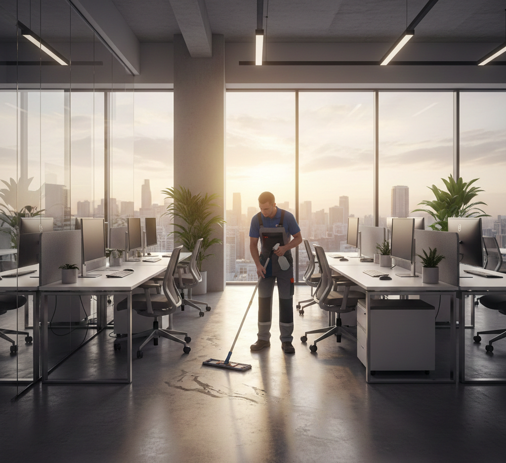Professional janitor cleaning modern office near Albany, NY