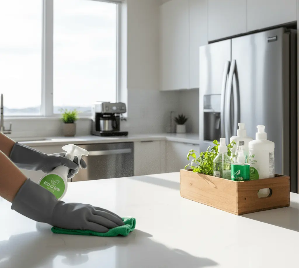 Professional cleaning services in a home, vacuuming and dusting surfaces