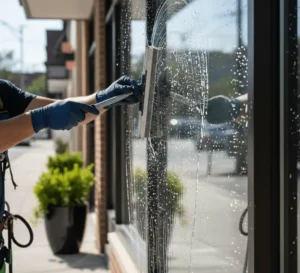 Professional window cleaning company technician cleaning residential and commercial windows in Albany, NY