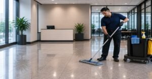 Professional day porter services Albany staff cleaning high-traffic office spaces and maintaining commercial facility health during business hours.