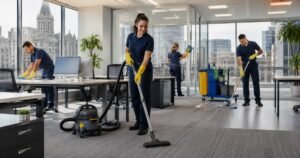 A pristine commercial lobby showcasing the results of a regular office cleaning frequency in Albany NY.