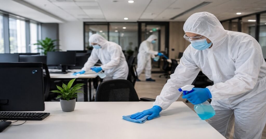 Professional commercial cleaning technician performing comprehensive office disinfection Albany NY on high-touch desk surfaces.