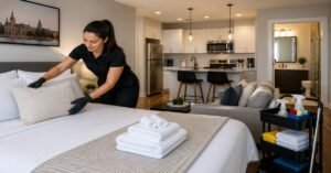 Professional team staging a living area after performing an Airbnb cleaning service Albany NY turnover.