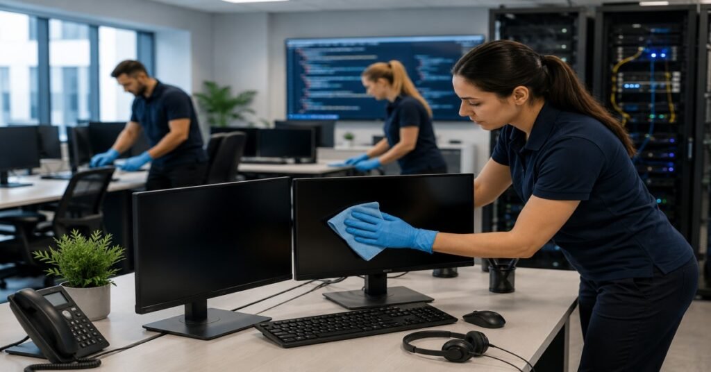 Trained commercial technician performing tech office cleaning Albany services on an IT workstation