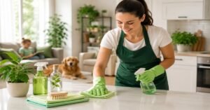 eco-friendly cleaning Albany NY — KD Cleaners professional technician using non-toxic green cleaning products in an Albany home.