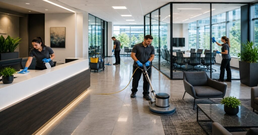 Professional office cleaning team providing commercial janitorial services Colonie NY in a Corporate Woods business suite.