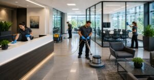 Professional office cleaning team providing commercial janitorial services Colonie NY in a Corporate Woods business suite.