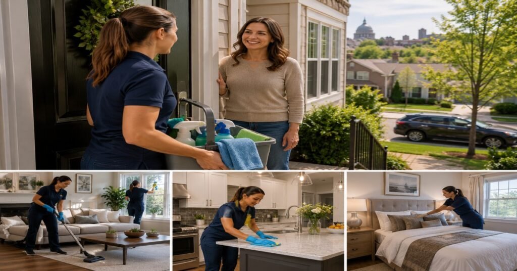 Professional recurring house cleaning Albany NY team from KD Cleaners vacuuming and dusting a living room.