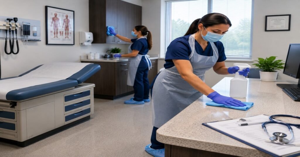 Certified medical office cleaning Albany NY specialists sanitizing healthcare facility