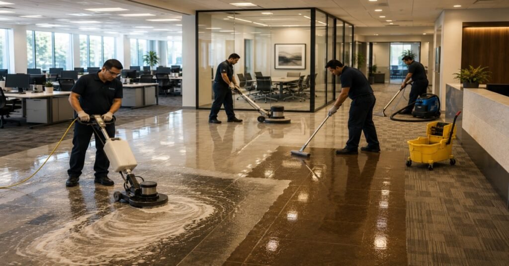 Professional commercial floor cleaning Albany NY technicians using an industrial rotary buffer on high-traffic commercial facility VCT floors.