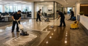 Professional commercial floor cleaning Albany NY technicians using an industrial rotary buffer on high-traffic commercial facility VCT floors.