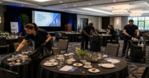 Professional commercial cleaning crew providing event cleanup services Albany NY in a modern corporate conference room.