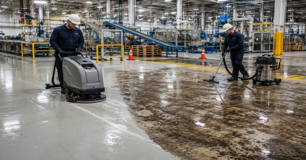 Industrial cleaning Albany team operating a ride-on concrete floor scrubber inside an industrial warehouse facility.