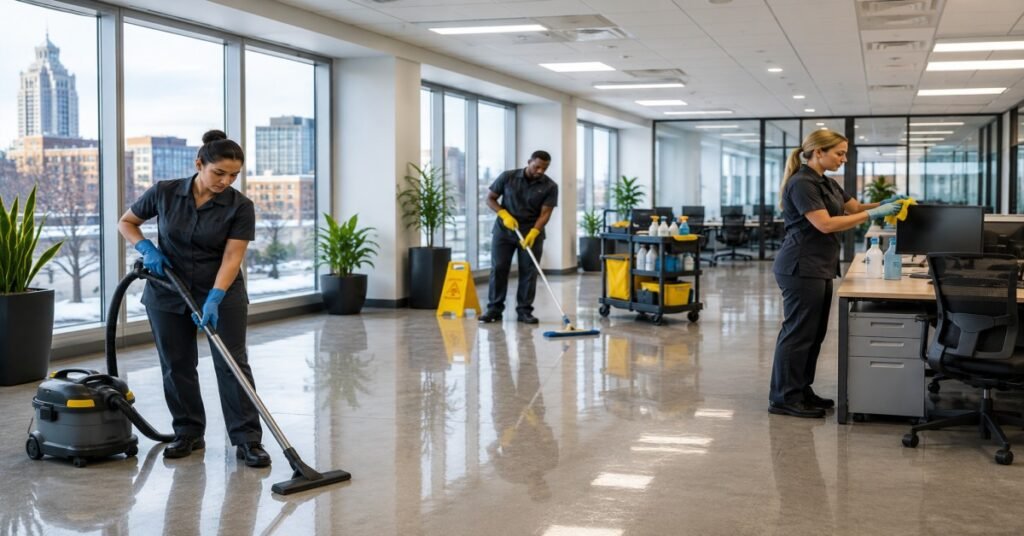 Janitorial services Albany NY guide — commercial cleaning crew servicing an office building