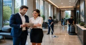 property management commercial cleaning Albany NY team performing multi-tenant office sanitization