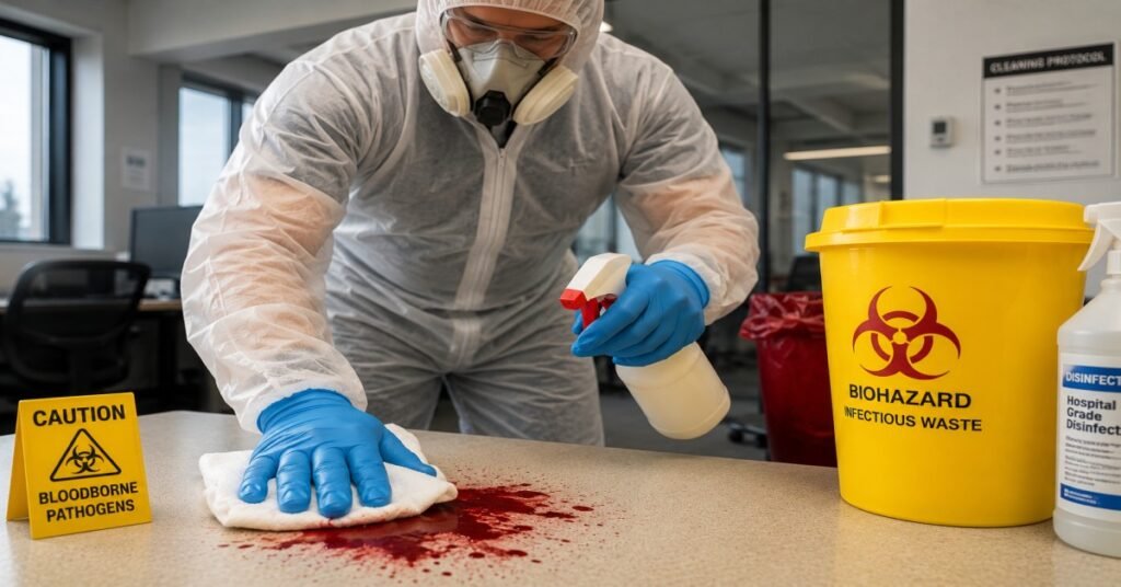 Professional biohazard technician performing bloodborne pathogen cleaning Albany NY in a medical facility.