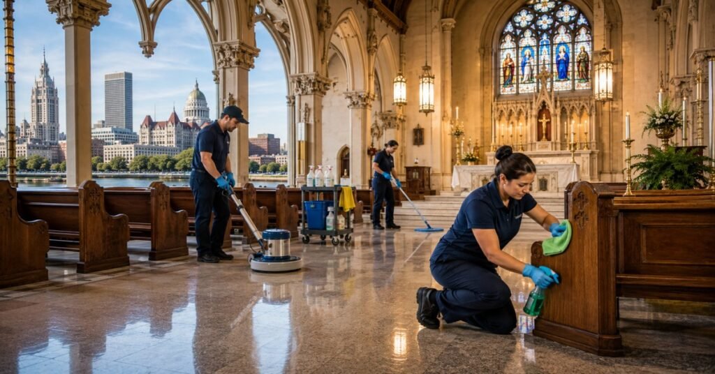 Professional church cleaning services Albany NY team sanitizing sanctuary pews
