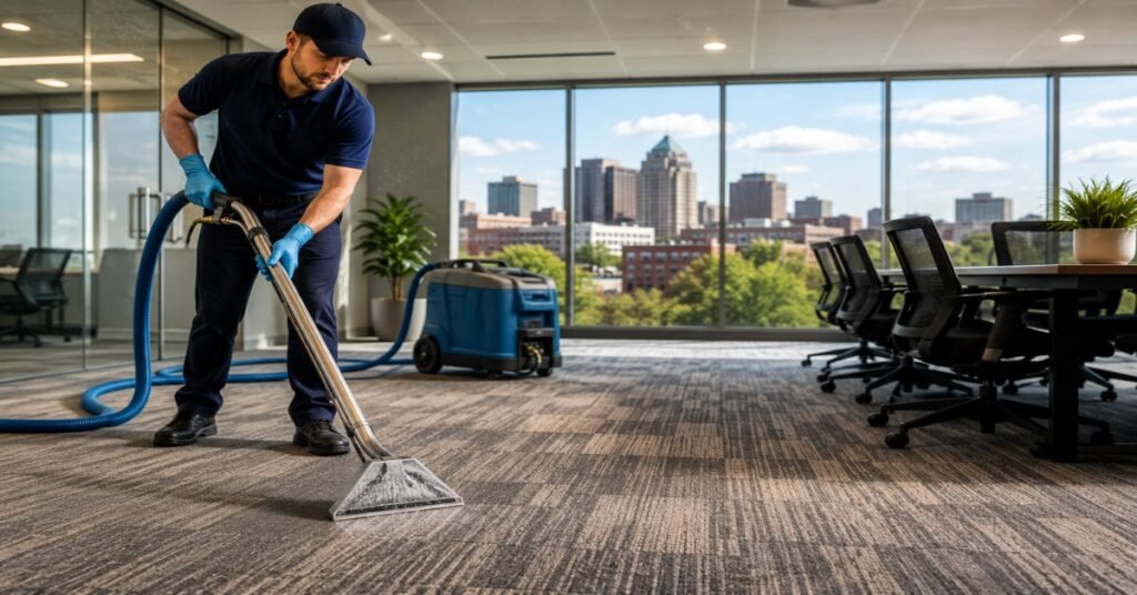 Professional commercial carpet cleaning Albany NY team extracting dirt from office carpets