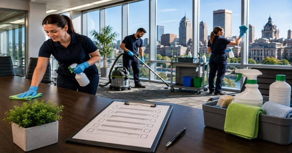 commercial cleaning contract checklist Albany business manager reviewing janitorial scope of work