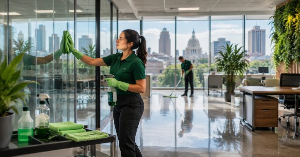 Green commercial cleaning Albany NY team using EPA Safer Choice certified non-toxic products in a modern office