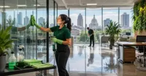 Green commercial cleaning Albany NY team using EPA Safer Choice certified non-toxic products in a modern office