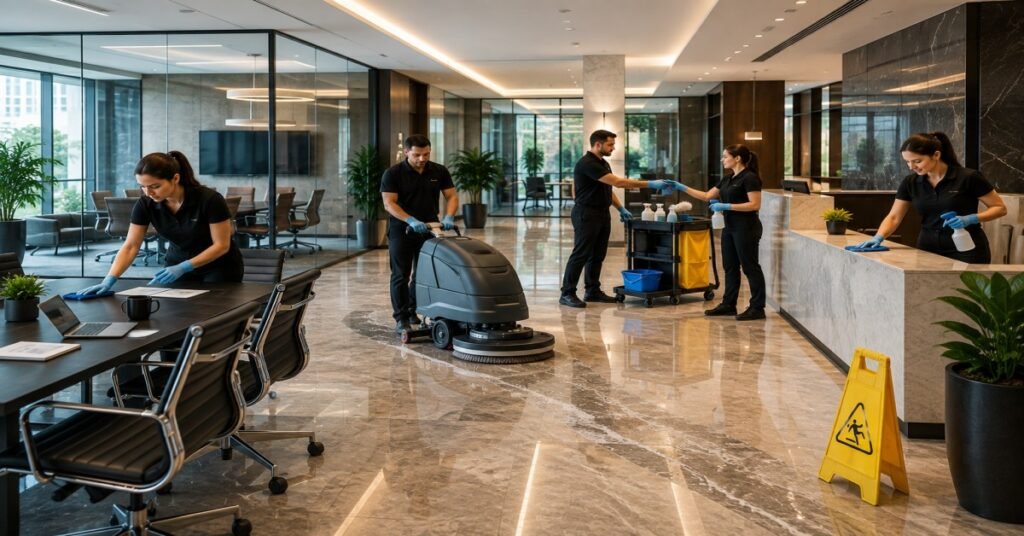 Professional janitorial services Latham NY team cleaning a commercial office space