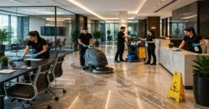 Professional janitorial services Latham NY team cleaning a commercial office space