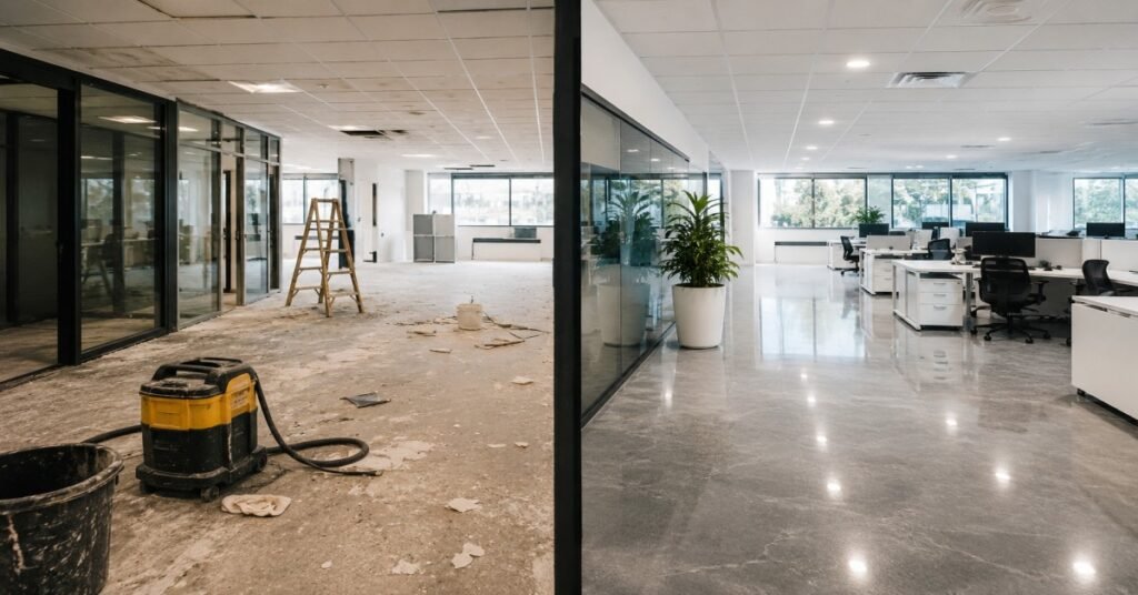 Commercial post-construction cleanup site in Albany NY showing rough clean vs final clean commercial cleaning trade preparation.