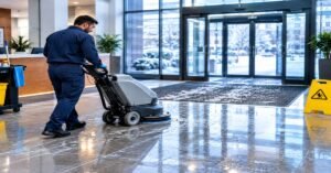 KD Cleaners crew performing commercial winter floor care Albany NY using walk-behind auto scrubber to remove salt haze
