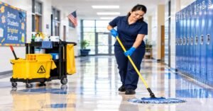 KD Cleaners crew performing school janitorial services Albany NY stripping and finishing classroom floors