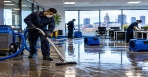 KD Cleaners crew performing emergency commercial cleaning Albany NY using industrial water extraction machinery