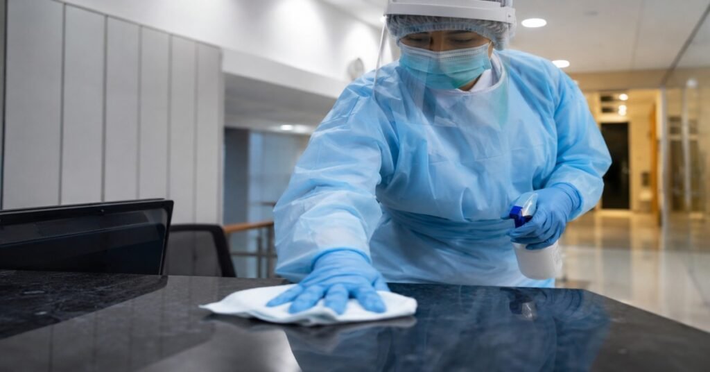 Certified healthcare technician performing infection control cleaning standards Albany NY medical clinic disinfection