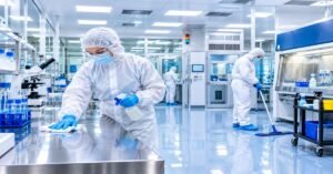 Technician in cleanroom gear performing laboratory cleaning services Albany NY