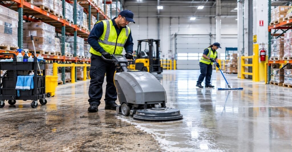warehouse cleaning services Albany NY ride on auto scrubber maintaining distribution concrete floor