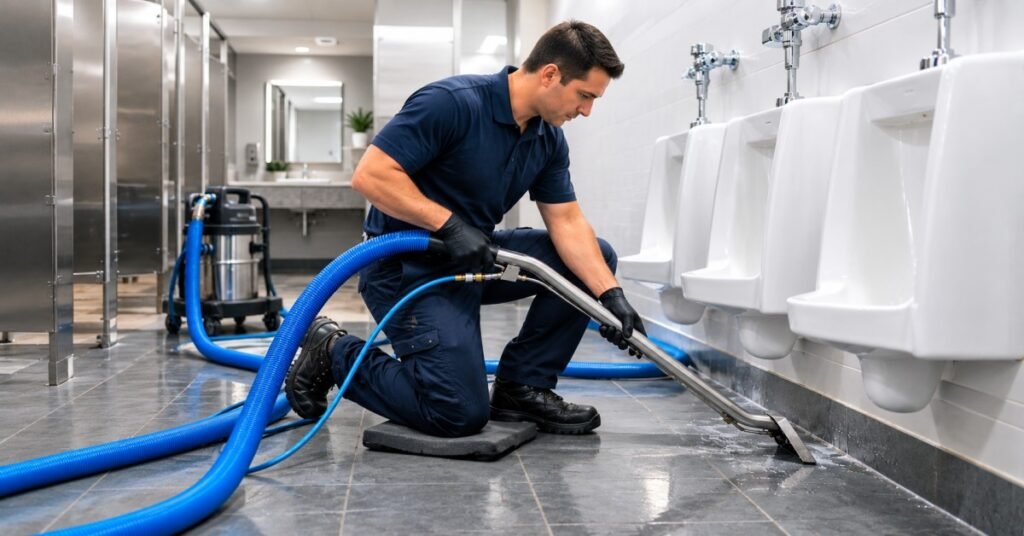 Professional cleaning technician performing commercial bathroom odor removal beneath urinals using a specialized extraction wand.