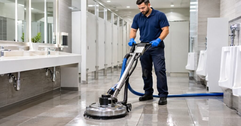 Technician performing commercial restroom cleaning Albany NY with high pressure tile extractor