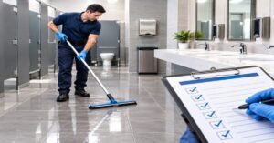 Supervisor auditing an active commercial restroom cleaning checklist Albany NY facility protocol while a technician maintains floors.