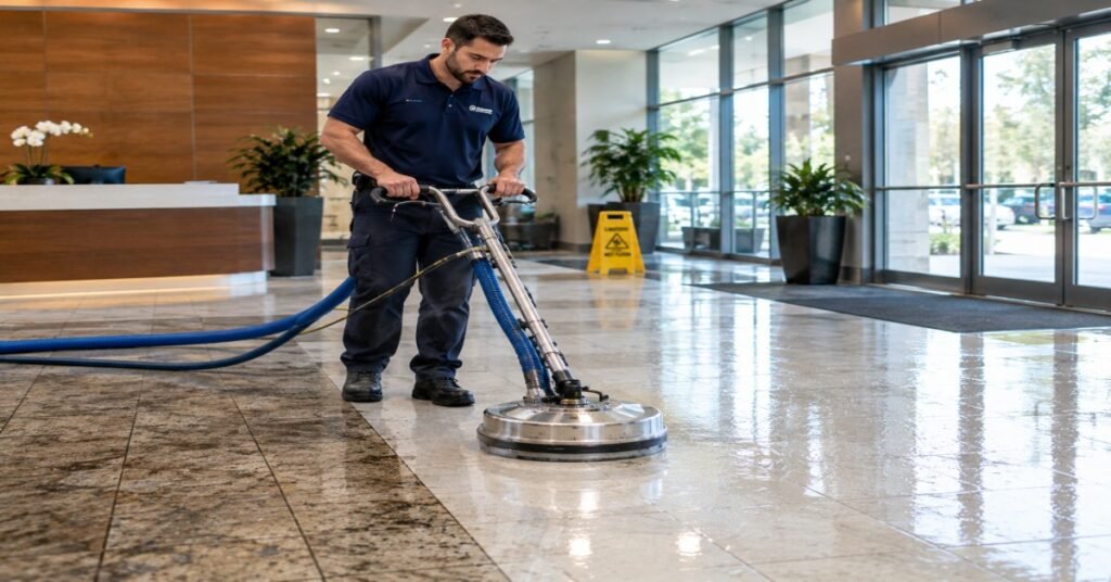 Professional technician performing commercial tile and grout cleaning Albany NY using a high-pressure rotary floor extractor.