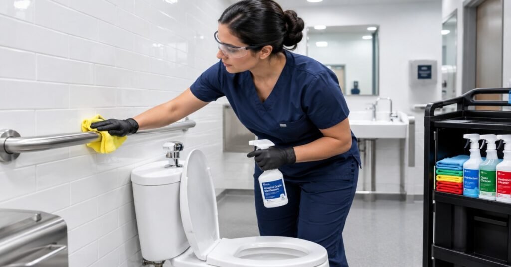 Certified technician using hospital-grade disinfectant during a medical restroom cleaning Albany NY clinic compliance service.