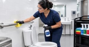 Certified technician using hospital-grade disinfectant during a medical restroom cleaning Albany NY clinic compliance service.