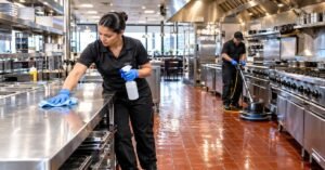 Restaurant Cleaning Services Albany NY team sanitizing commercial kitchen prep line and quarry tile floors