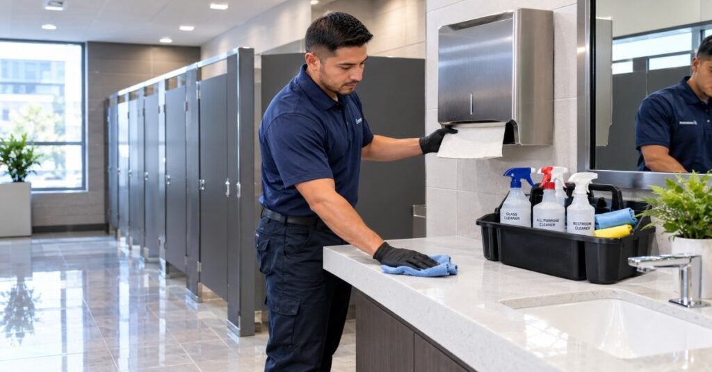 Day porter restocking paper towels and sanitizing vanity countertops for a restroom day porter service Albany NY commercial contract.