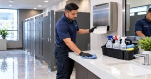 Day porter restocking paper towels and sanitizing vanity countertops for a restroom day porter service Albany NY commercial contract.
